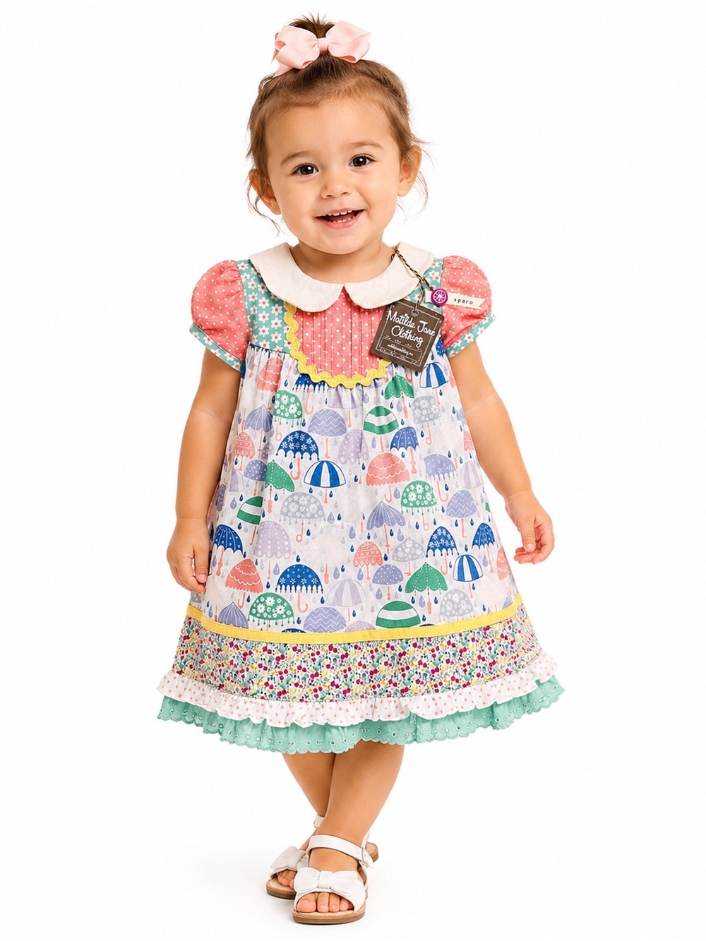 NWTMatilda Jane Kids Umbrella Print Ruffle Dress - Coral, Mint, Blue